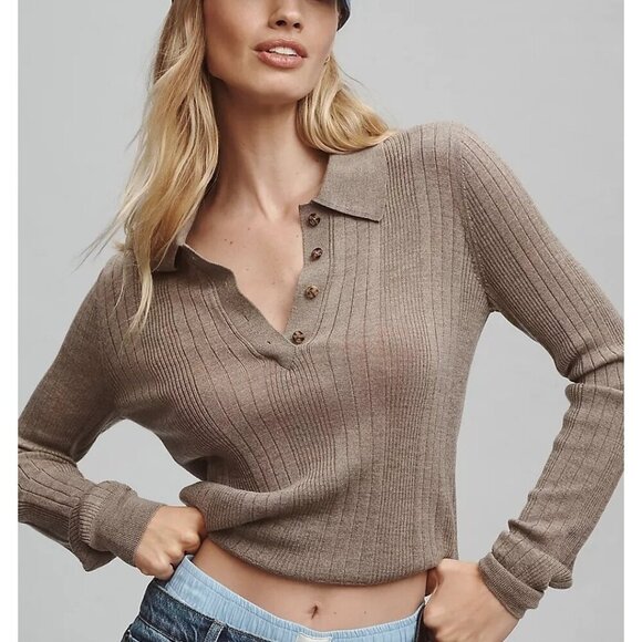 Reformation Sweaters - Reformation Hermia Polo Sweater Top Womens M Beige Pullover Rib Knit Merino Wool